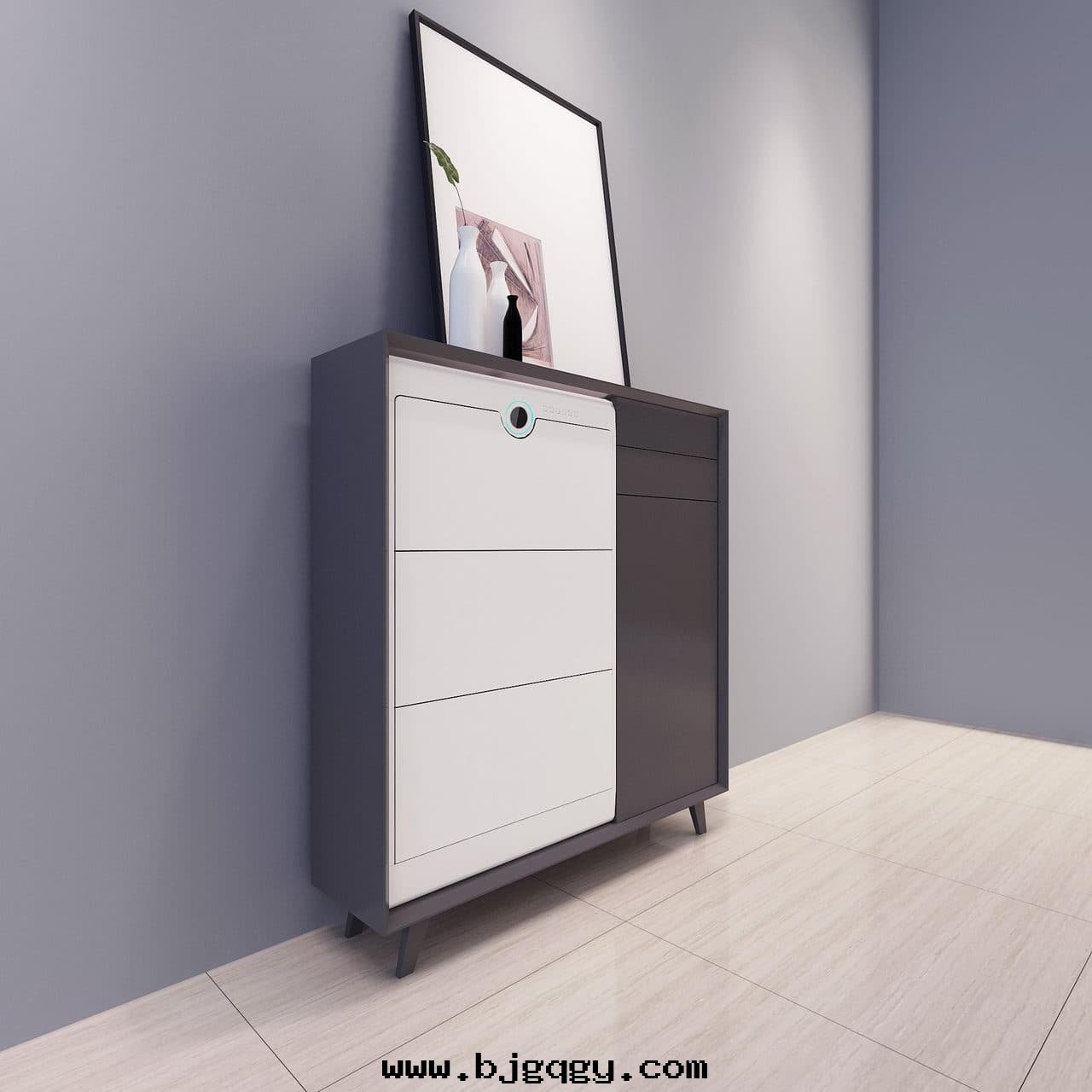 根元(yuán)智能(néng)鞋(xié)櫃護理(lǐ)機(jī)-Footies室(shì)內(nèi)设計(jì)图(tú)，室(shì)內(nèi)搭配平開(kāi)門(mén)冷(lěng)色(sè)，側視图(tú)