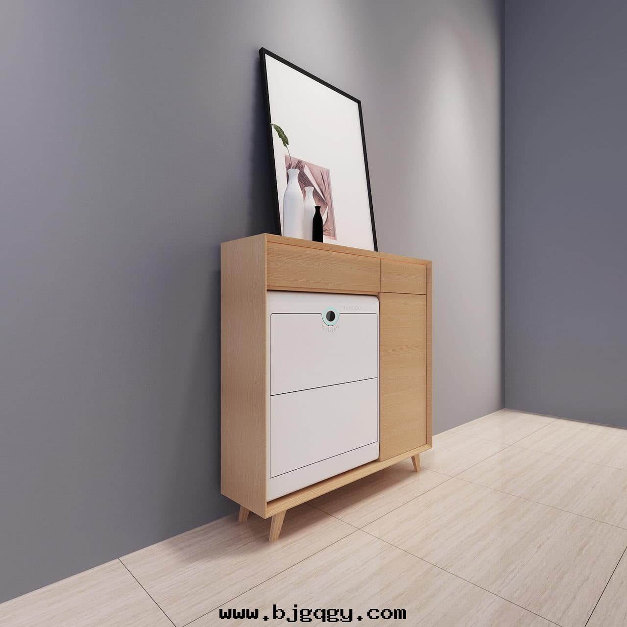 根元(yuán)智能(néng)鞋(xié)櫃護理(lǐ)機(jī)-Footies室(shì)內(nèi)设計(jì)图(tú)，室(shì)內(nèi)搭配平開(kāi)門(mén)暖色(sè)，側視图(tú)